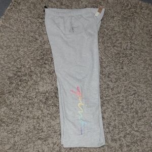 PINK Light Gray Sweatpants Rainbow Pink Lettering. NWT